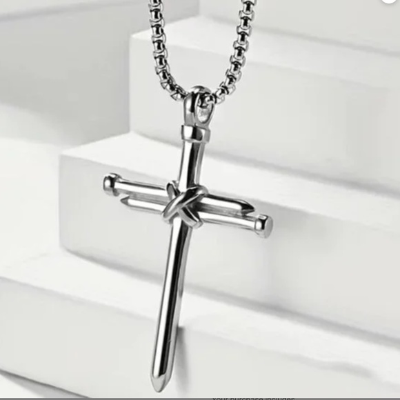 !! Sold Cross 3 Nail Necklace Religious Christian Statement Steel Silver Unisex - Picture 13 of 13